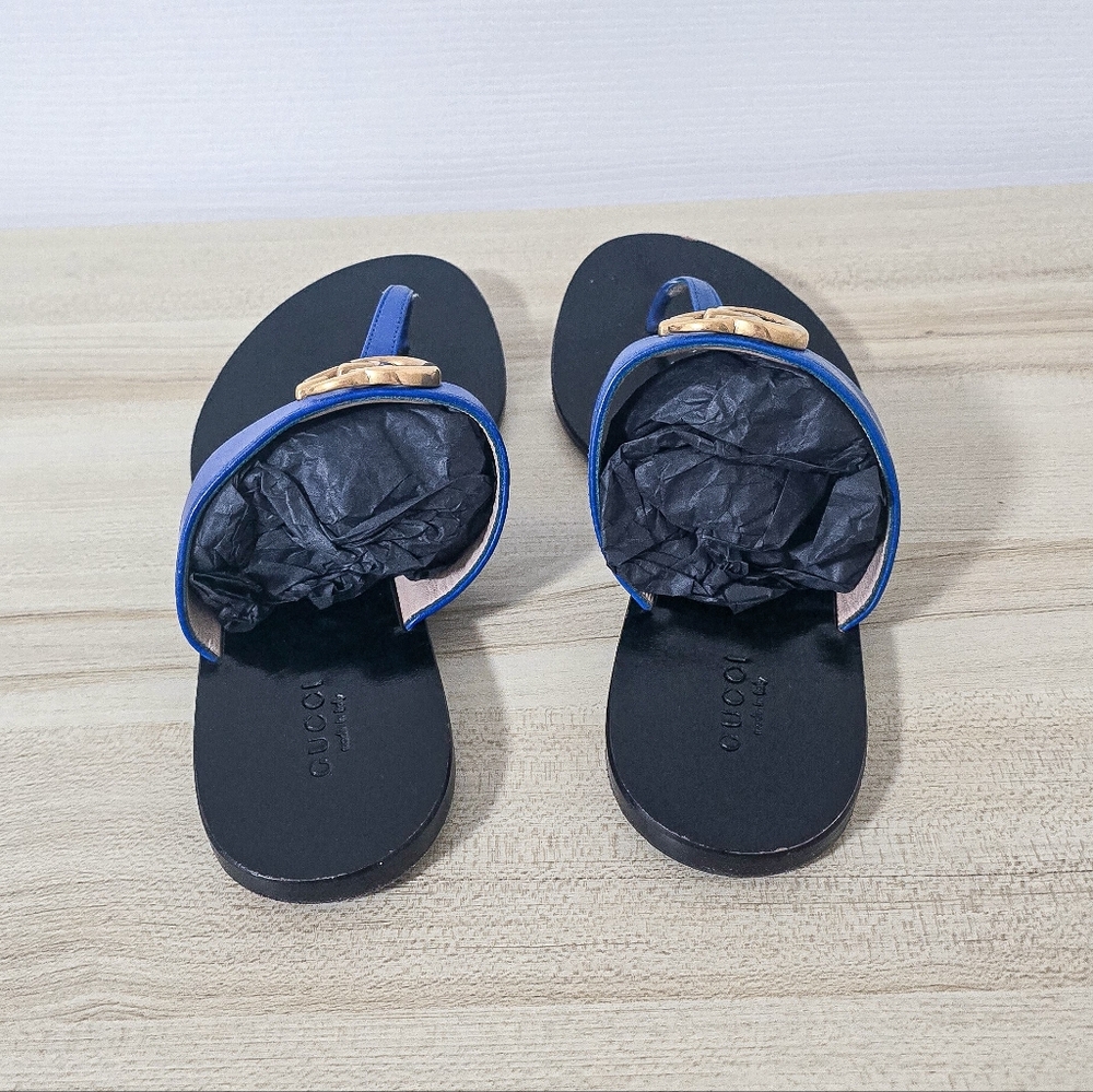 Gucci GG Marmont Calfskin Leather Thong Sandals In Electric Blue Size 37 - Picture 6 of 14